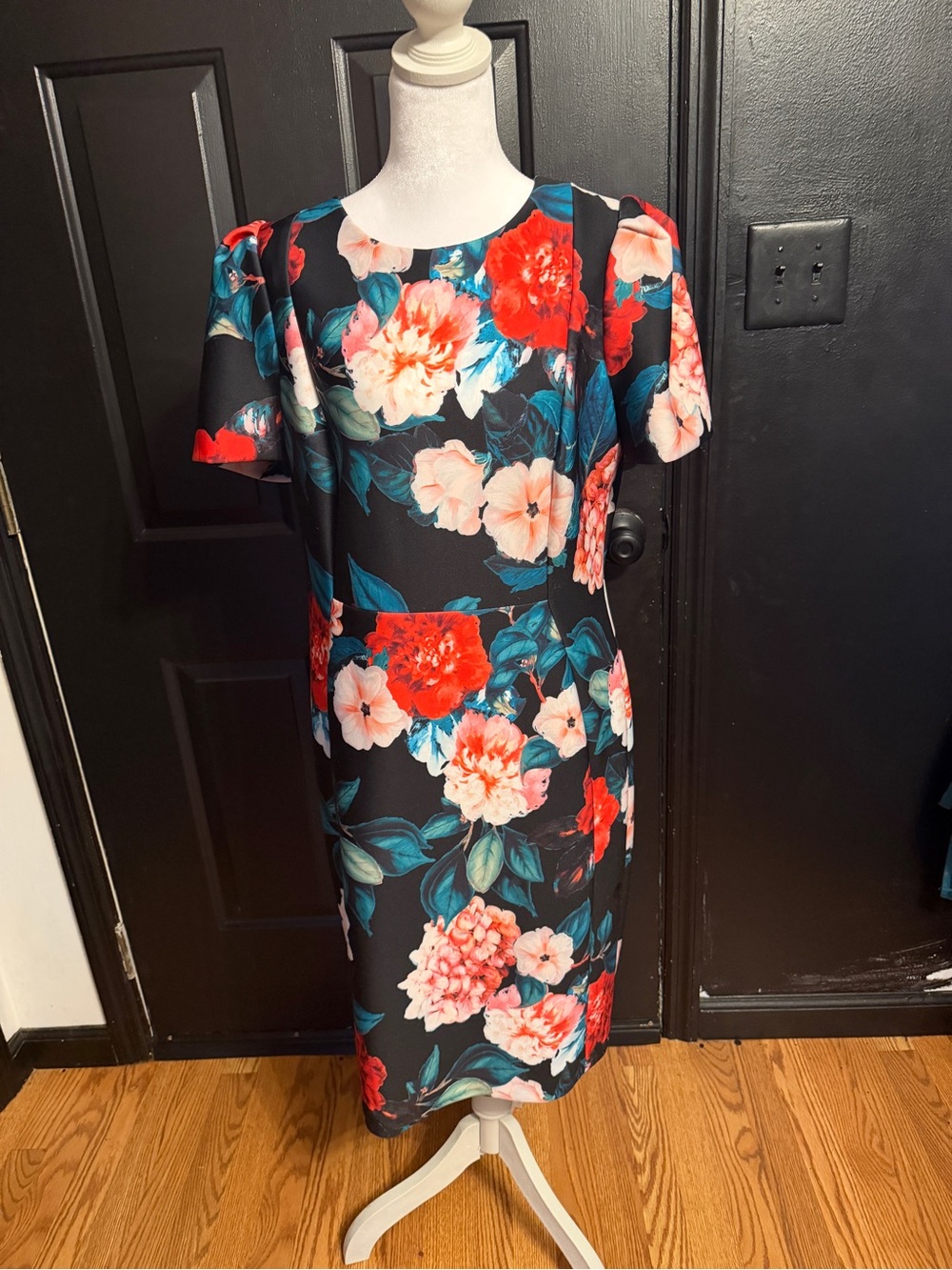 Calvin Klein Black Midi Dress with Red, Pink & Teal Floral Print